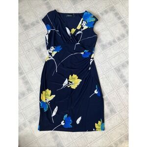 Lauren Ralph Lauren Dress Size 10 Blue Yellow Floral V Neck Faux Wrap Cap Sleeve